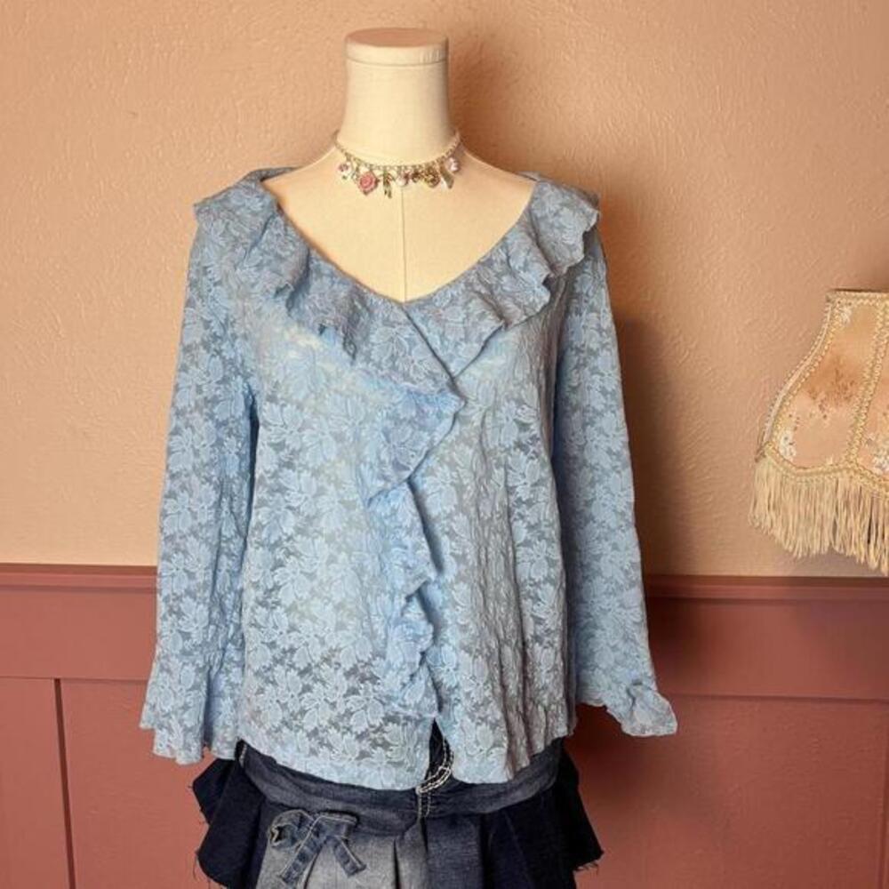 fairy coquette cottage ruffle whimsy lace blouse  nicola sz large light blue